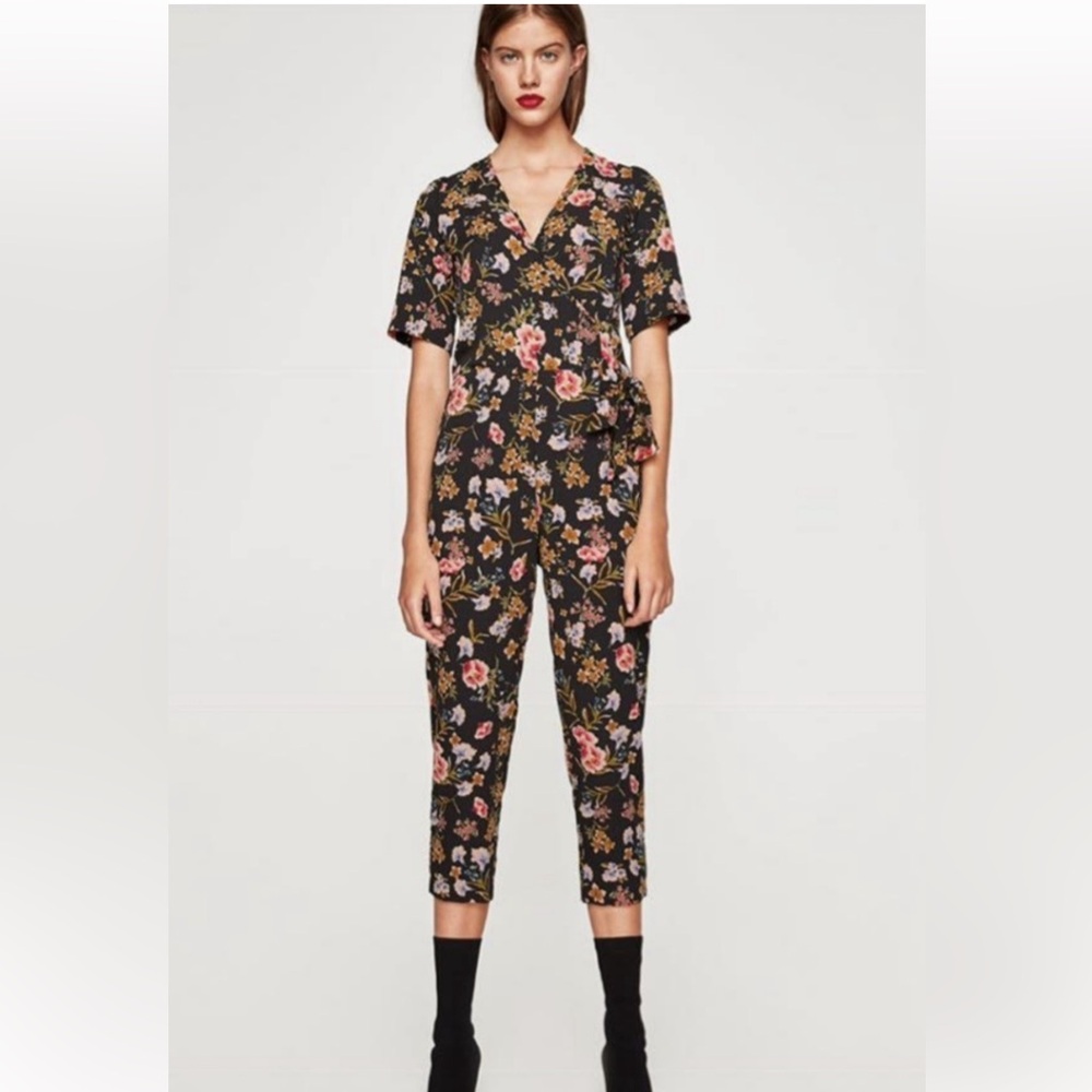 Zara Black and Pink Floral Jumpsuit with Wrap Design